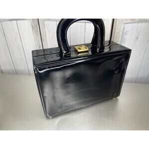 Vintage Black Patent Leather Structured Handbag Box Satchel With Lock 60s 50s